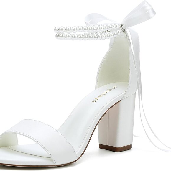 Women's Pearl Open Toe Block Heel Wedding Shoes Ivory 3 Inch Pumps - Picture 1 of 8
